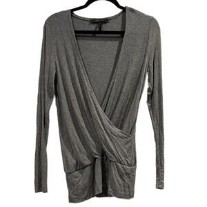 BCBGMAXAZRIA Surplice Wrap Top XS Gray Soft Ribbed Long Sleeve Blouse